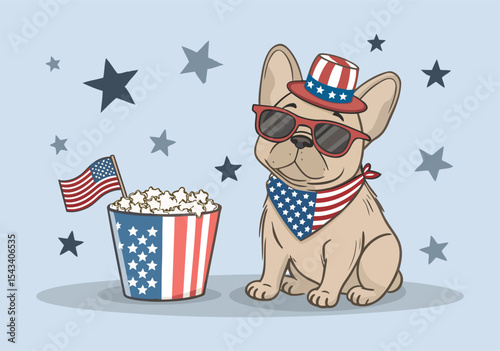 Cute French Bulldog Celebrating 4th of July with Sunglasses, Flag Bandana, and Popcorn Bucket