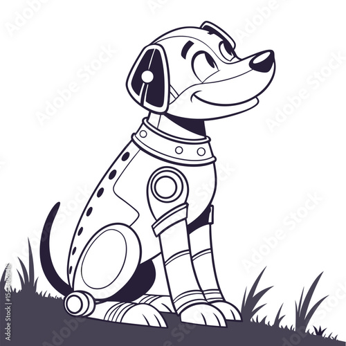 Line Art Illustration of a Cartoon Robotic Dog Sitting in Grassy Field