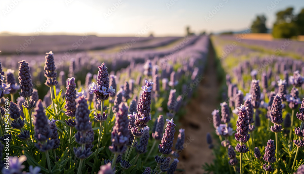 Naklejka premium Lavender field in bloom during sunset with vibrant purple flowers