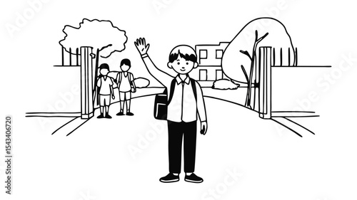 A boy with a backpack waving goodbye to his friends at the school gate on a sunny day illustration