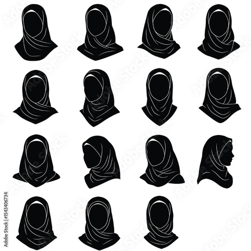 Stylish Headscarf Muslim Woman Hijab Silhouette Vector Set