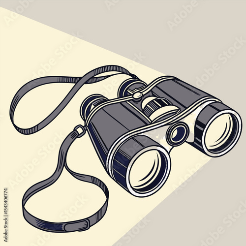 Retro binoculars with strap on two tone background, vintage viewing device
