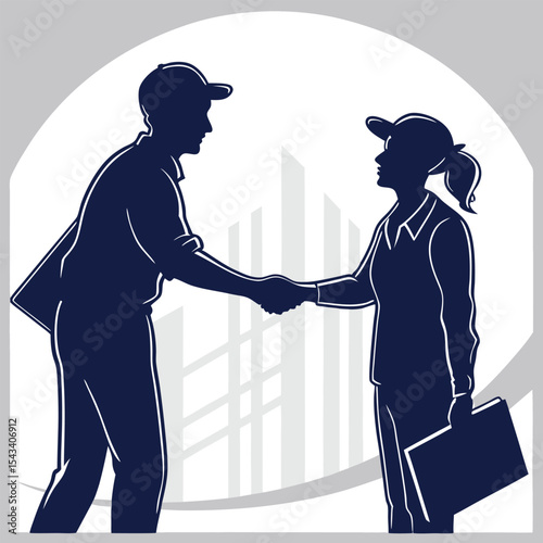 Silhouette of a Man and Woman Handshaking in Front of a Cityscape