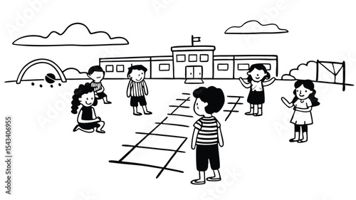 Illustration of children playing outside a school building with clouds in the background on a sunny day