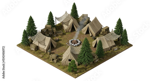 Strategic Overview of a Military Camp: Isometric View of Tents, Supplies, and Campfire, Showcasing Logistics and Organization in a Forest Environment for Military or Gaming Visuals