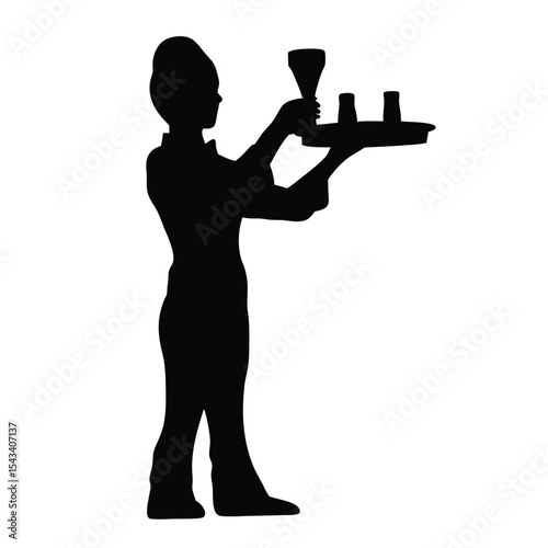 Silhouette of a Server or Waitress Holding a Tray of Beverages