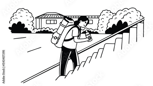 Person carrying a large backpack and a water bottle walking up a flight of stairs outdoors near a house