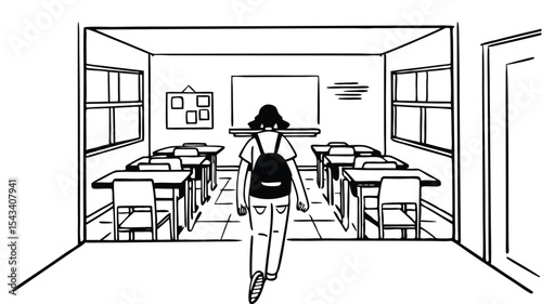 Illustration of a student with a backpack walking into an empty classroom with desks and windows present