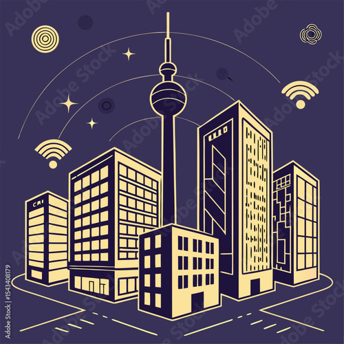 Stylized Cityscape with a Tower, Wireless Signals, and Modern Design