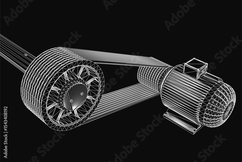 A 3D wireframe model of an engine, showcasing intricate mechanical details against a sleek black background. The design highlights precision engineering with visible components and clean lines.