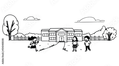 Illustration of students near a school building with trees and a fence in a black and white drawing style