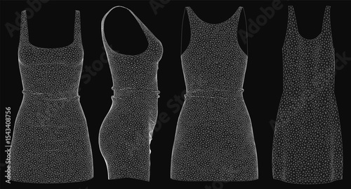 Four elegant black and white dresses displayed in a row, each featuring a distinct design with clean lines and contrasting tones. The solid black background enhances the minimalist aesthetic,.