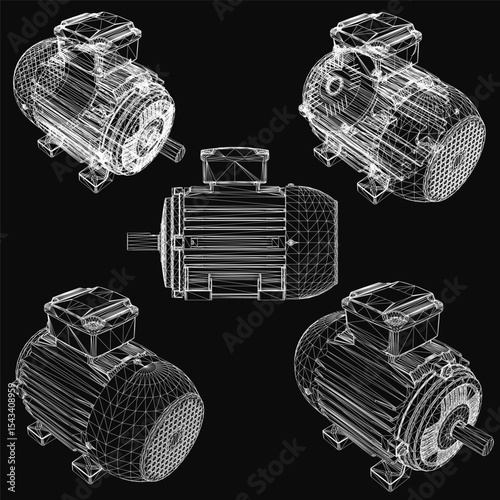 Electric motors in 3D model form, arranged symmetrically on a black background. Each motor has a unique shape and size, with white bodies contrasting sharply against the dark backdrop.