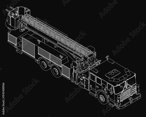 3D model of a fire truck on a black background, showcasing a detailed blueprint with visible headlights, grille, wheels, and emergency lights. The design highlights the vehicle's structure