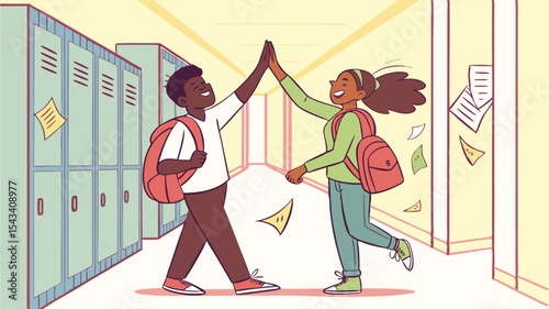 Two students high fiving in a school hallway with lockers and papers falling around them in the scene