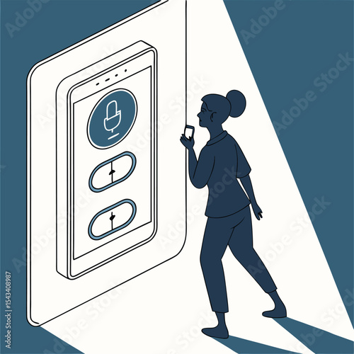 Woman Interacting with Smart Home Voice Controlled Interface on the Wall