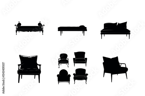 Collection of black silhouettes of various chairs and sofas