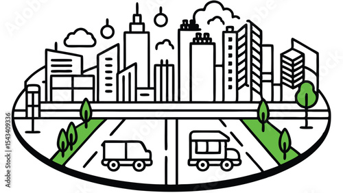 Cityscape illustration with buildings, road, vehicles, trees and clouds in oval frame design