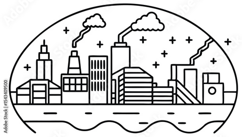 Outline drawing of city skyline with clouds and smoke in a circular frame and simple line details