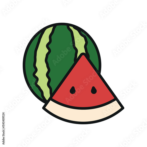 Watermelon in red, green, and black tones presents a vibrant and mouthwatering fruit icon.