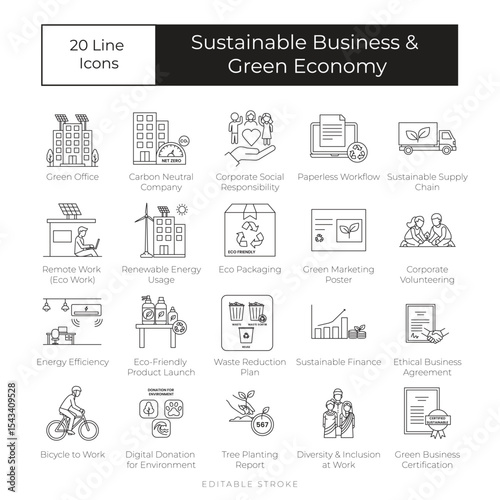 20 Icons Sustainable Business & Green Economy theme, visualizing eco-friendly practices and CSR values in modern companies.