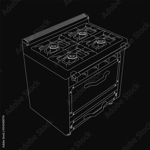 A black and white gas stove with four burners and two drawers stands out against a dark background. The stark contrast highlights the detailed drawing of this classic kitchen appliance.