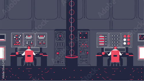 Illustration of two operators at consoles in a control room with complex equipment and displays shown