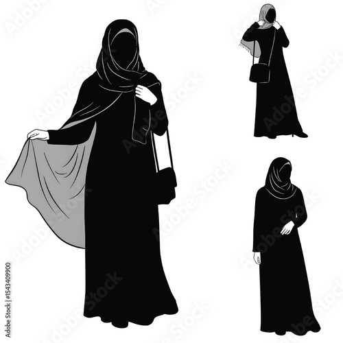 Traditional Islamic Muslim Women Abaya Dress Silhouette Vector Set