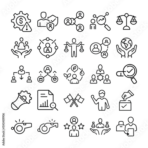 Collection of Thin Line Vector Icons Representing Business Management and Social Concepts