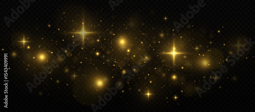 Magic glittering sparks and glowing stars. Luminous particles float in space. Shiny light effect on transparent background.