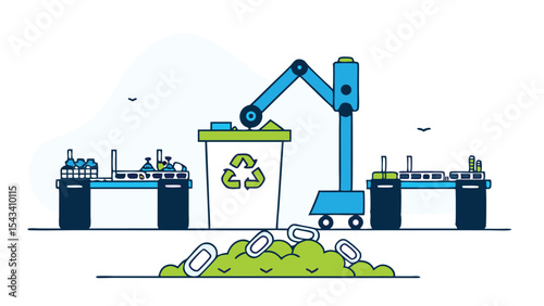 Illustration of a robotic arm placing waste into a recycling bin near industrial facilities
