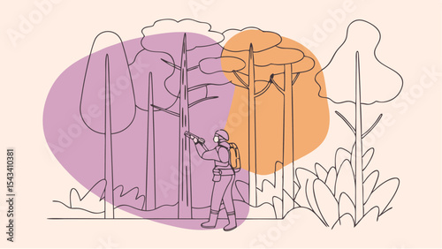 Man with gun in forest with purple and orange shapes and trees in line art style illustration