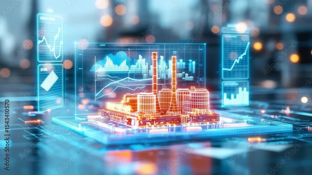 Futuristic digital factory data visualization for smart industry technology, innovation, and automation with advanced data analytics, glowing holographic interface, and modern artificial intelligence