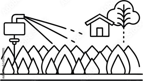 Irrigation system waters a field near a house and tree in a simple black and white line drawing style