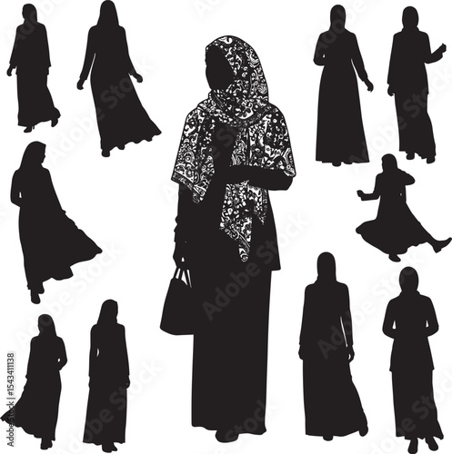 Variety Muslim Woman Abaya Dress and Hijab Silhouette Vector Set