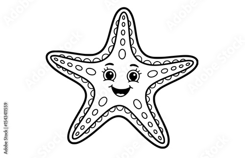 Joyful starfish cartoon character in black and white for children's coloring books and ocean themed designs