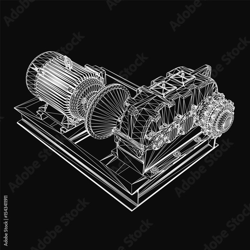 A 3D wireframe model of an industrial gearbox with intricate mechanical details, set against a black background. The realistic representation highlights the electric motor components and complex.