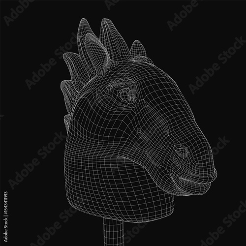 Horse head 3D model rendered in realistic style with detailed mane, expressive eyes, and visible nostrils. The white sculpture contrasts sharply against the black background for a striking visual.