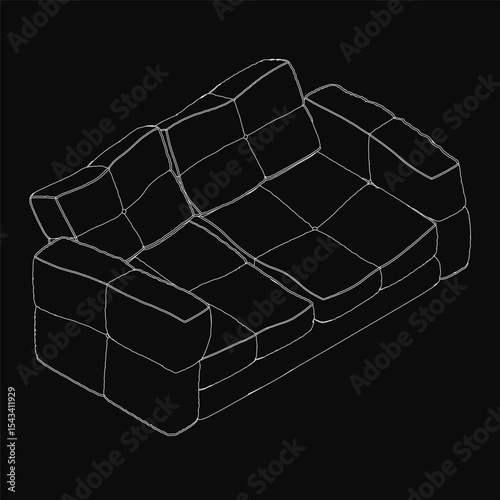 Leather sofa in 3D wireframe model on black background, featuring detailed cushions, armrests, and legs with realistic rendering. The intricate design highlights the sofa's lifelike appearance