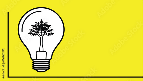 Illustration of a lightbulb containing a tree against a yellow background with black border lines