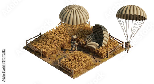 Airborne Operation in the Wheat Fields: A Miniature World War II Scene of Paratroopers Landing with Parachutes Among Golden Wheat, Featuring Realistic Details and Isometric Perspective