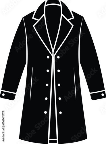 Elegant black overcoat with visible buttons, classic style and silhouette illustration