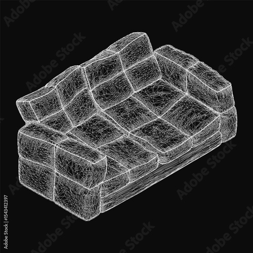 Leather sofa in 3D wireframe model, showcasing realistic contours and sleek design on a black background. The detailed mesh structure highlights the elegant curves and modern aesthetic.