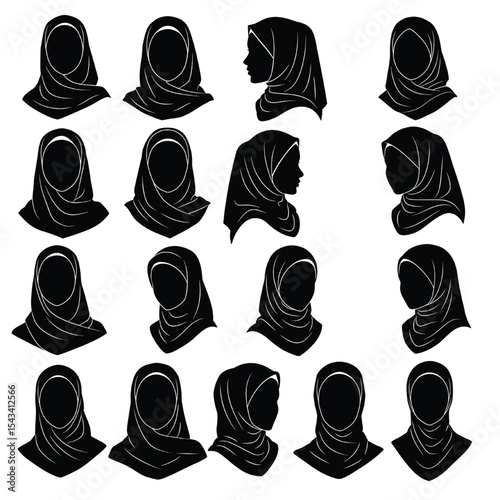 Various Muslim Hijab Head Covering Silhouette Vector Set 