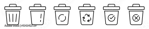 Conjunto de iconos de papelera. Eliminación, reciclaje y gestión de residuos. Basureros. Ilustración vectorial