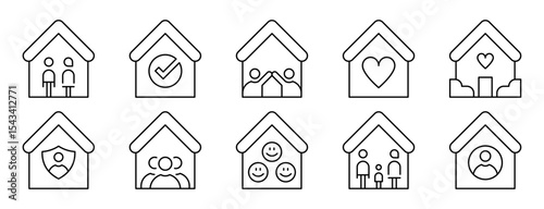 Conjunto de iconos de hogar. Unión, protección y bienestar. Casa con familia, pareja, aprobación, personas. Ilustración vectorial