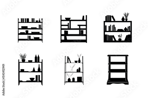 Six black silhouettes of modern bookshelves