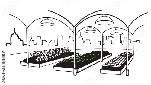 Indoor urban farm with plant beds and city skyline in the background under bright artificial lights