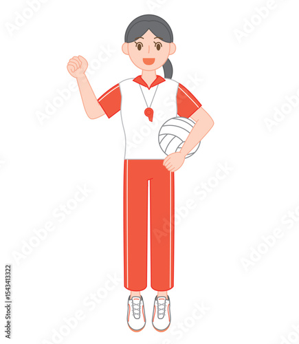 バレーボールを持った元気な女性体育教師のイラスト/Energetic Female PE Teacher Holding a Volleyball