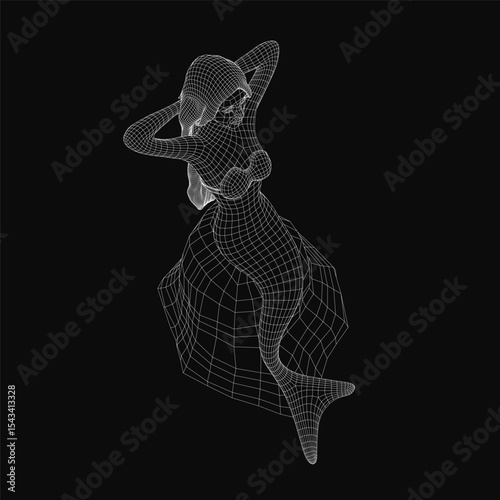 A 3D wireframe mermaid in a flowing dress dances gracefully on a black background, featuring intricate details and realistic shading. The elegant pose and digital artistry create a futuristic yet.